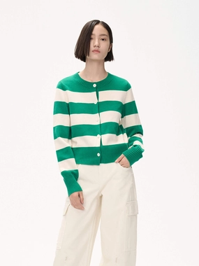 Wide Striped Knit Cardigan Brushed Inner Layer