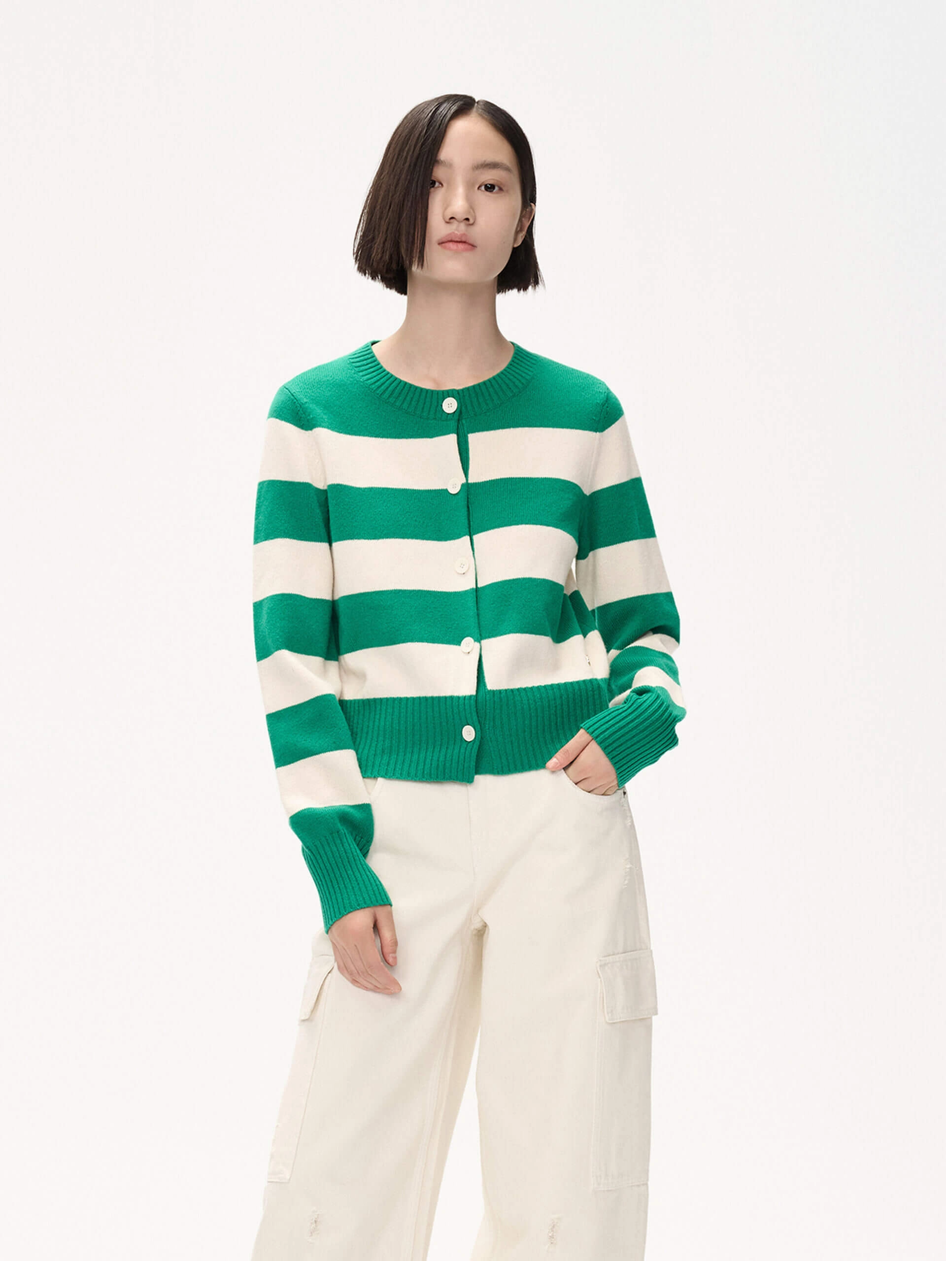 Wide Striped Knit Cardigan Brushed Inner Layer