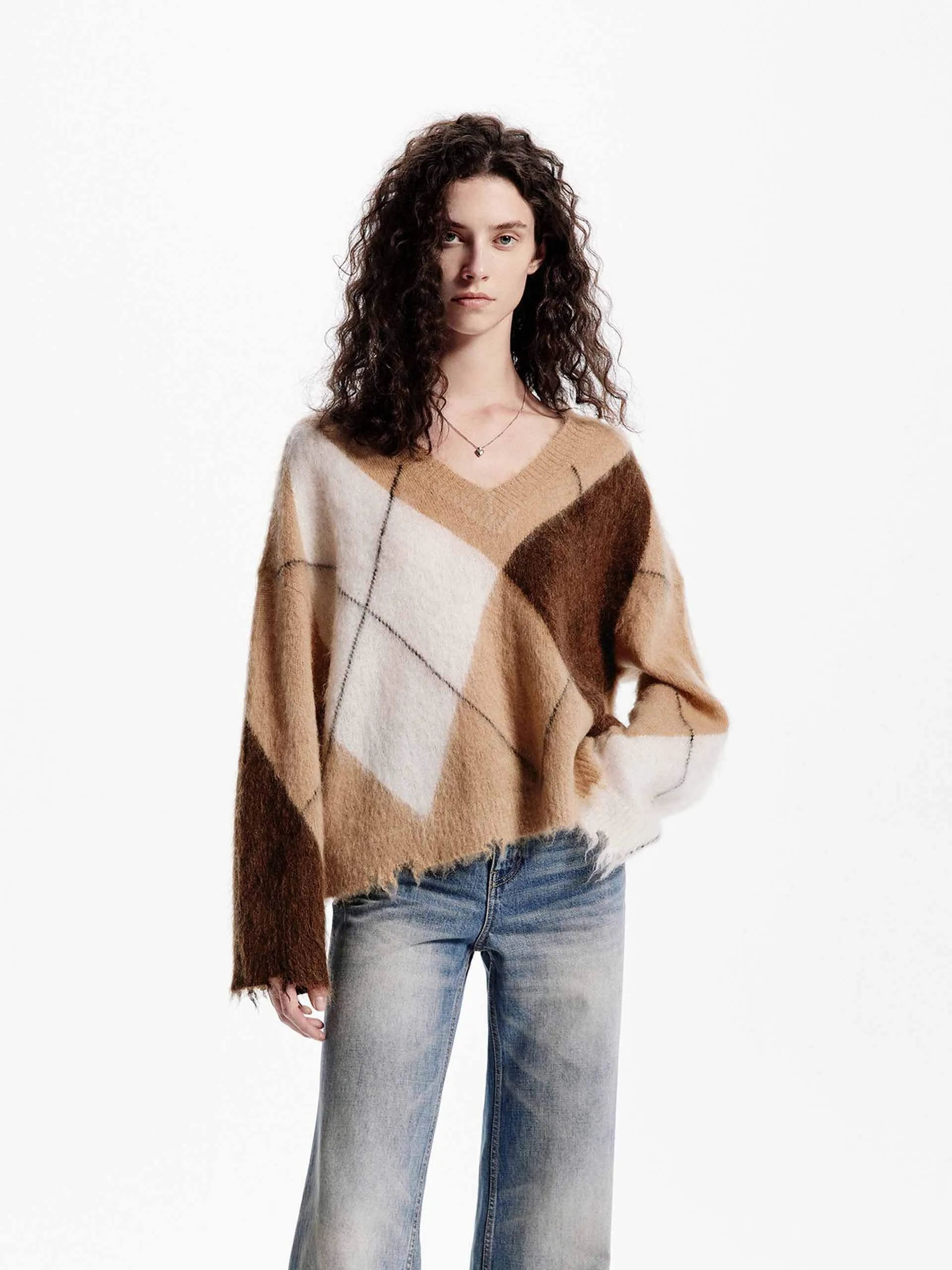 Argyle Pattern Loose Sweater Natural Feel Under Cover
