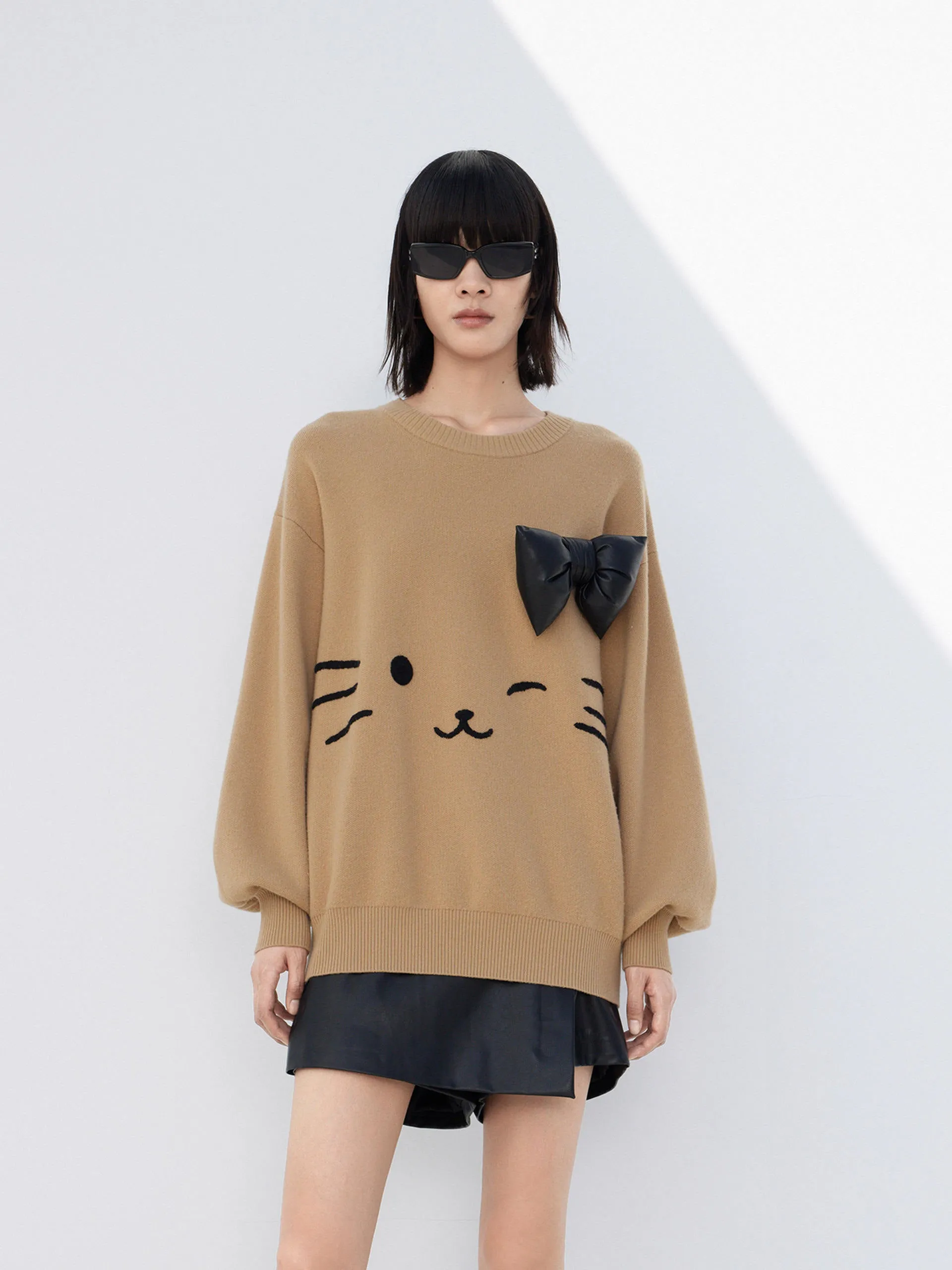 Wool Blend Detachable Bow Sweater Double Layered Collar Comfy clothing