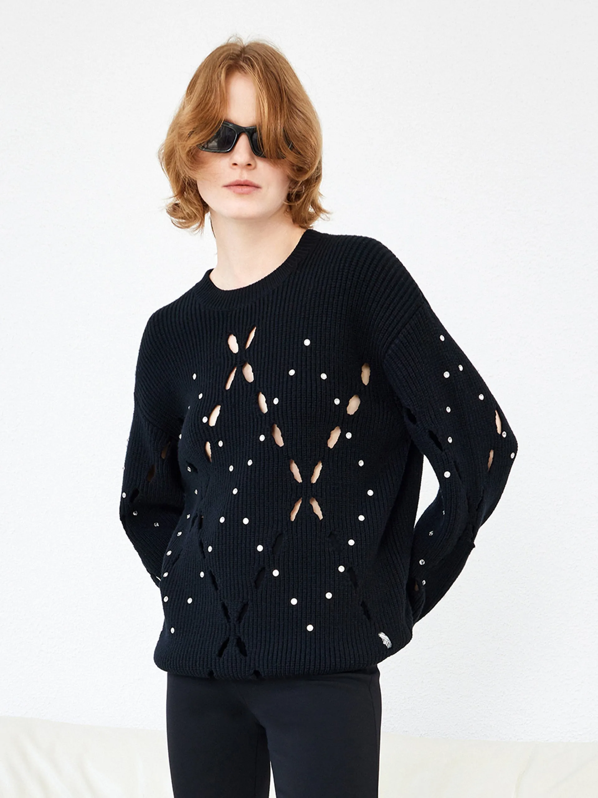 Wool Blend Openwork Rin Knit Pullover Garment Dyed Finish