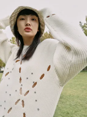 Wool Blend Openwork Rin Knit Pullover Trendy Warmth