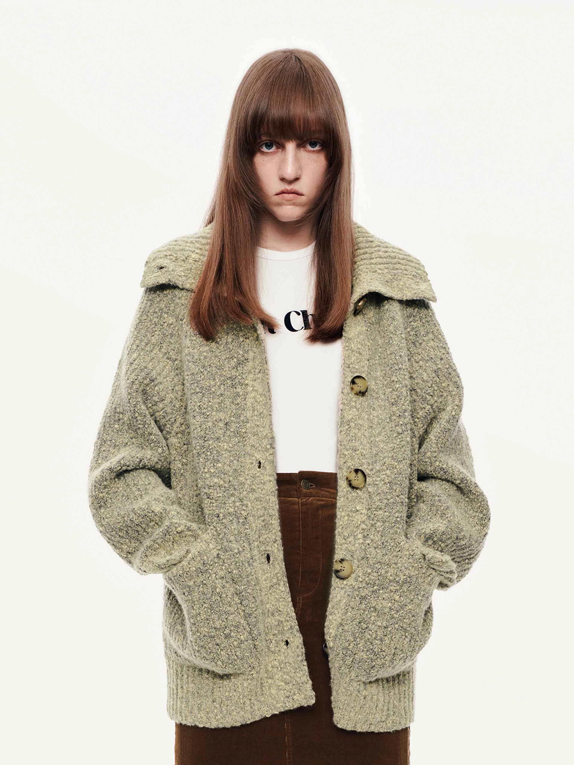 Flatlock stitching Wool Blend Button Cardigan