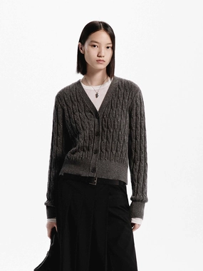 Wool Cable Knit Cardigan Soft Ribbed Texture