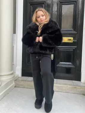 Soft touch finish Double Stitch Seams Black Childrens Collared Faux Fur Coat